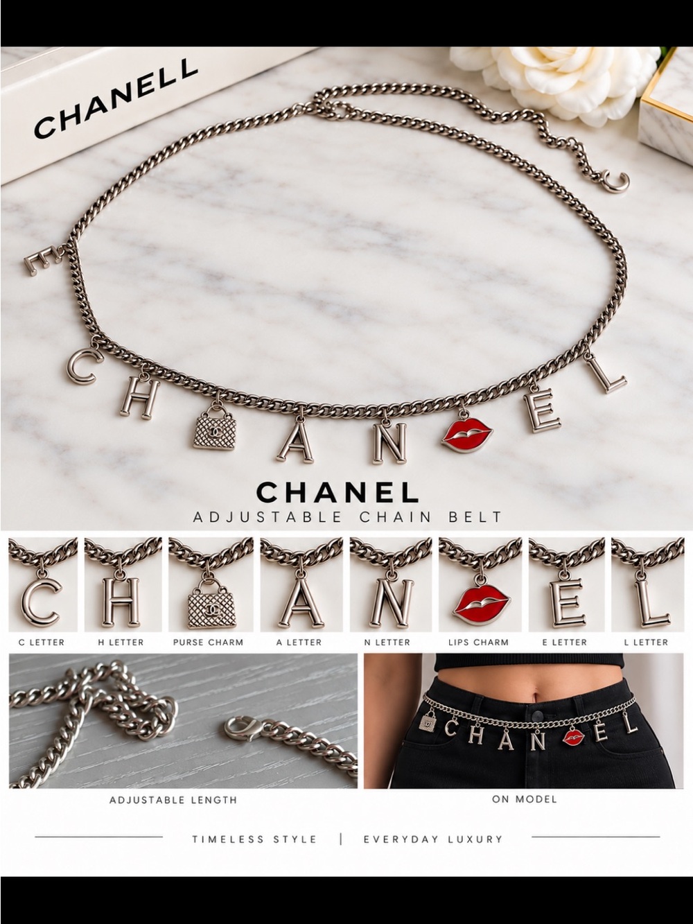 FASHION Silver-Tone Adjustable Chain Belt with Red Lips Charm